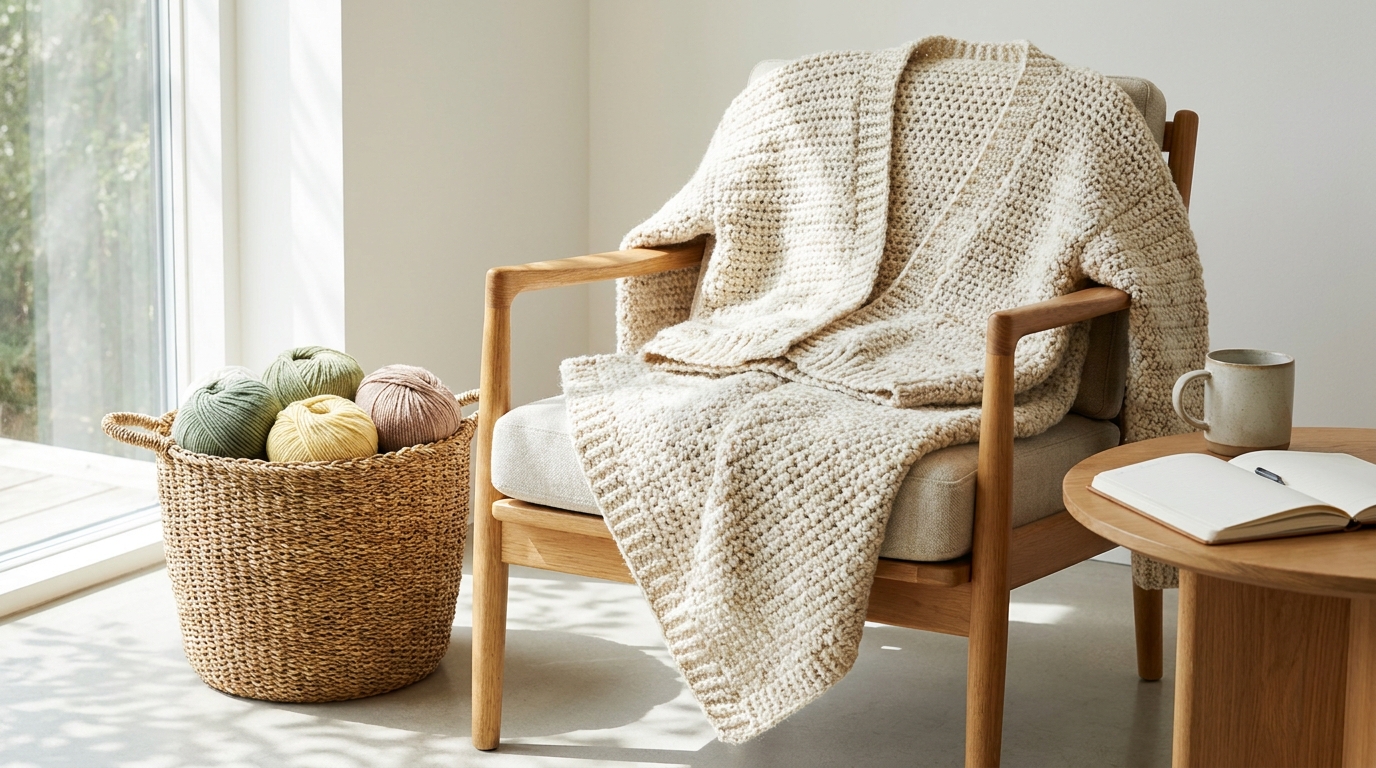 Handmade chunky crochet cardigan on a wooden chair