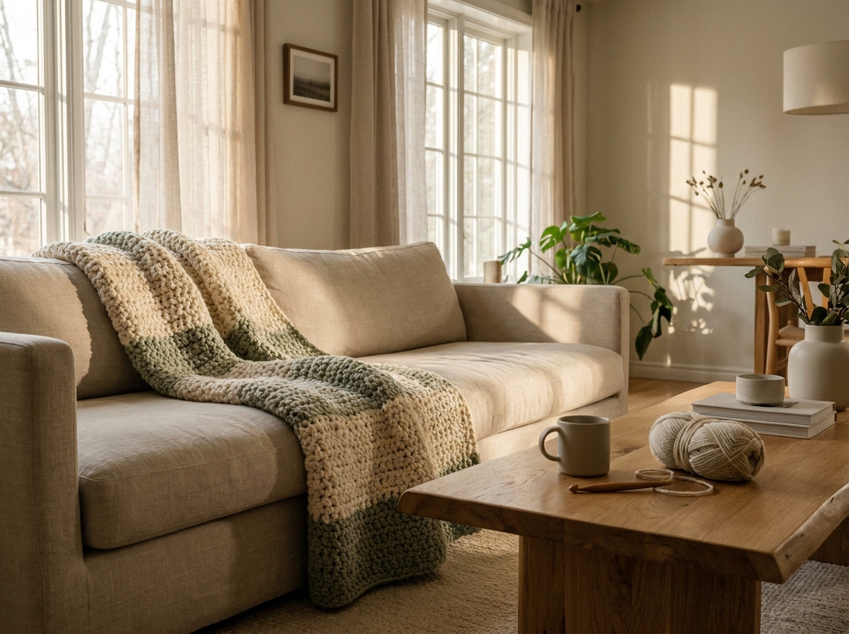 Luxurious modern crochet throw blanket in a minimalist living room
