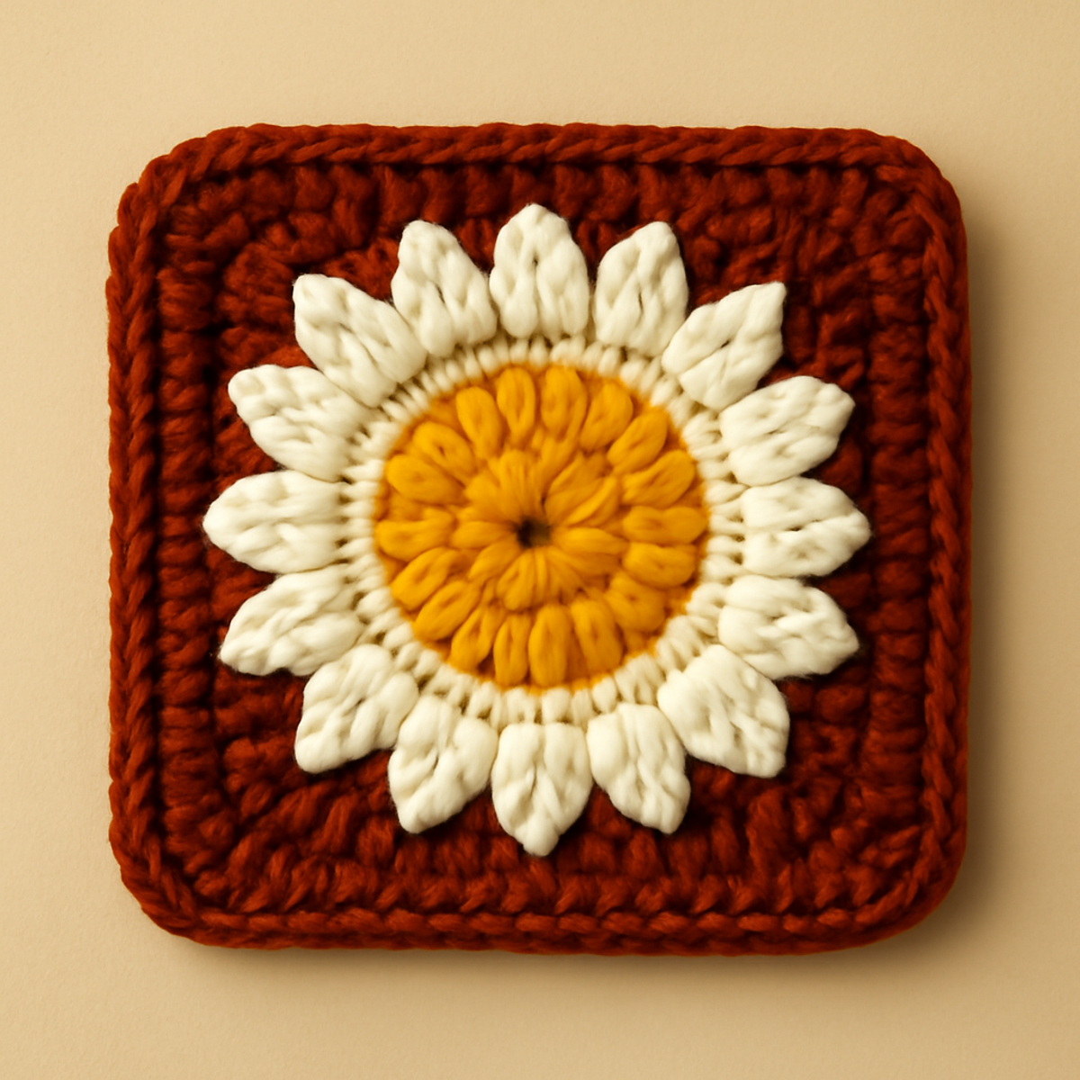 A crochet square featuring a daisy motif in brown, yellow, and white, demonstrating varying petal shapes with a chunky border.