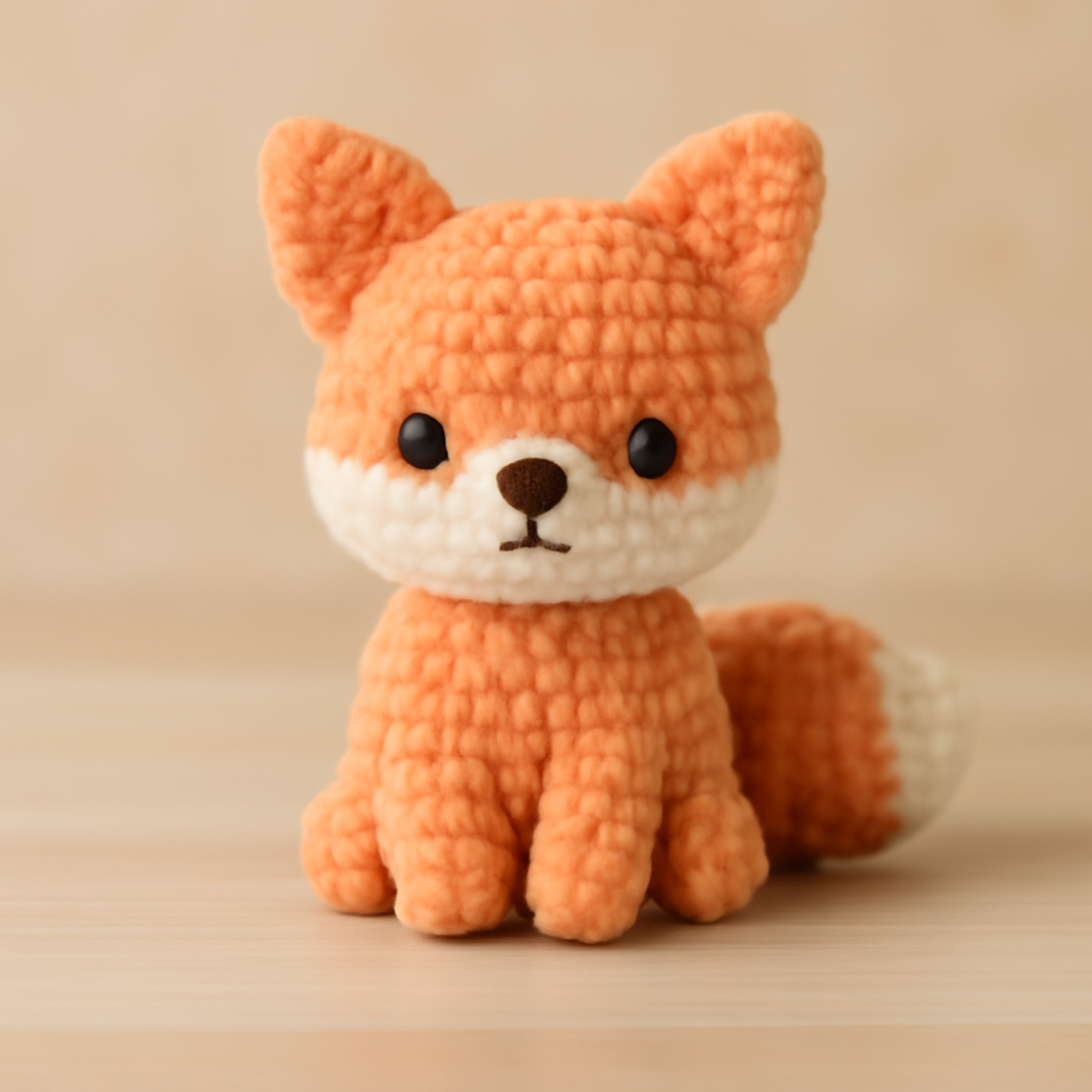 Amigurumi fox plush toy crocheted in peach, orange, white, and brown, featuring a rounded head, stout body, large ears, and bushy tail.