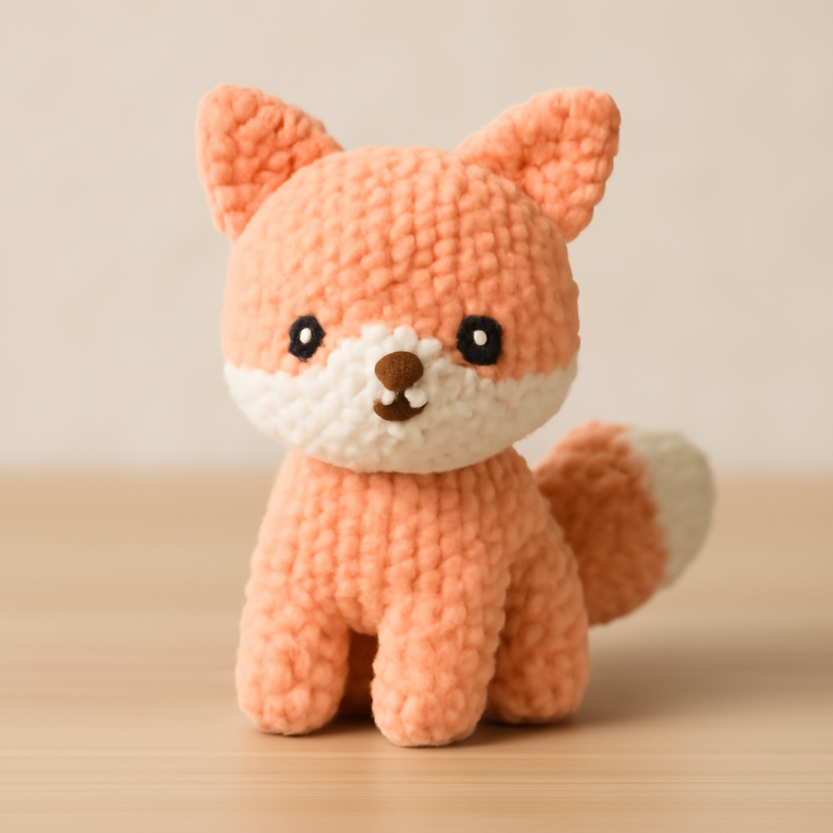 A finished plush crochet fox toy in peach and orange colors with a bushy tail, pointed ears, and safety eyes.