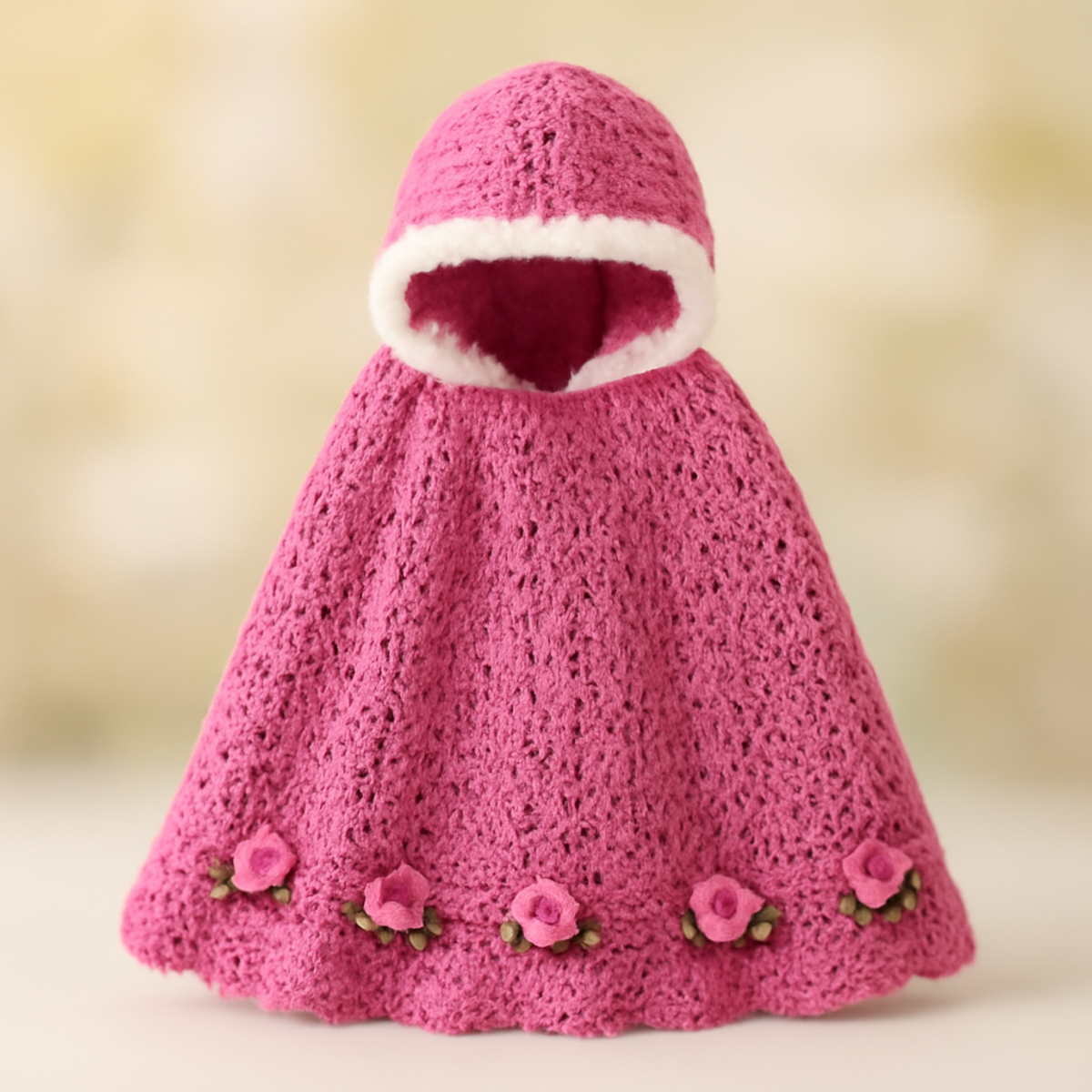 A beautiful crocheted hooded rose cape in pink and white, showcasing a lace texture, rose appliques, and a fluffy fur border.