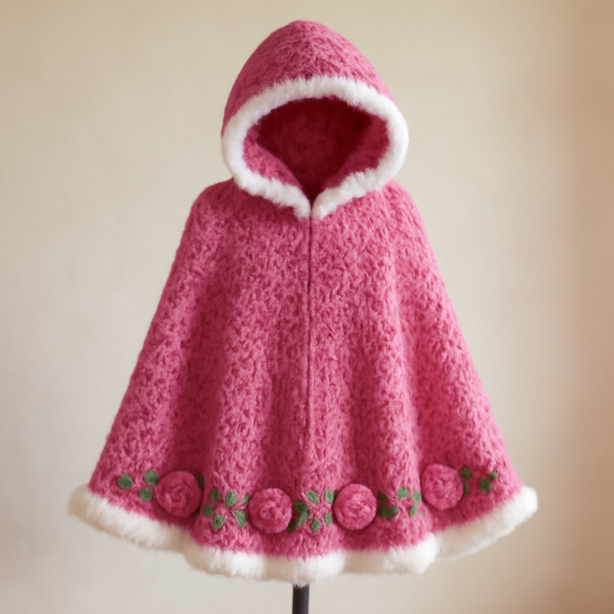 A pink crochet hooded rose cape featuring floral embellishments and faux fur trim, displayed flat.