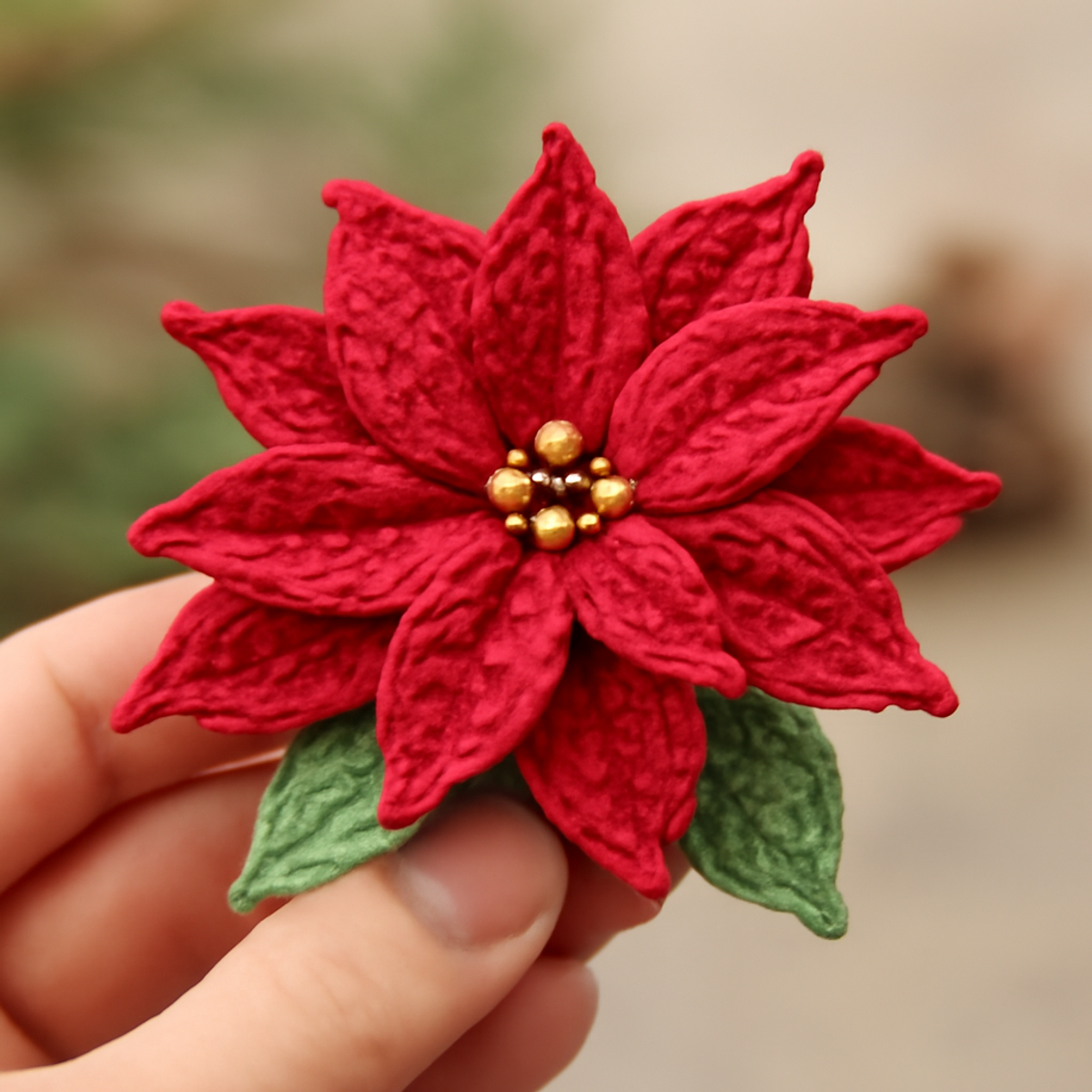 Crochet poinsettia flowers in red and green with golden beads in the center, showcasing layered petals.