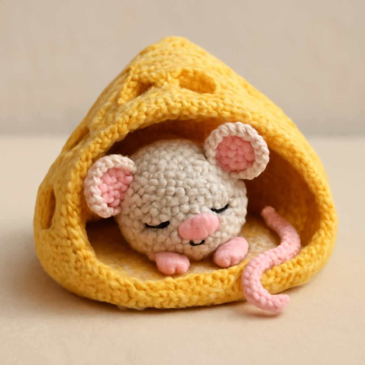 A finished amigurumi Sleepy Mouse Crochet Pattern figure, featuring a mouse inside a yellow cheese house with distinct cheese holes. The mouse is cream and light pink with safety eyes and blushed cheeks.