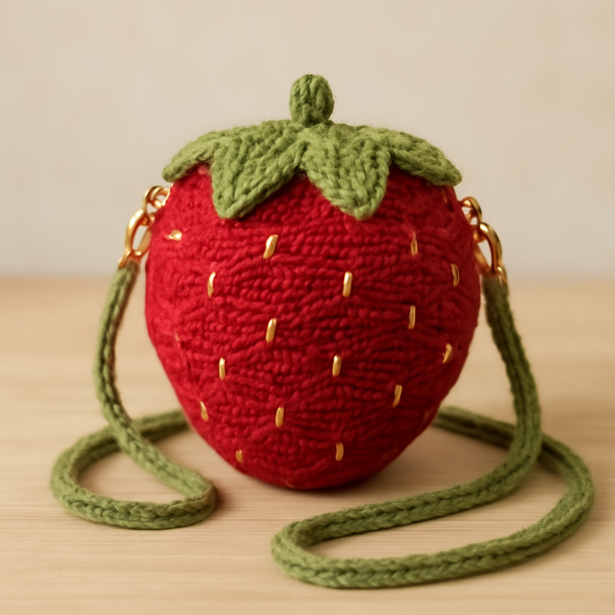 A crochet Strawberry Mini Crossbody Bag in red with green leaves, featuring embroidered seeds and a zipper closure.