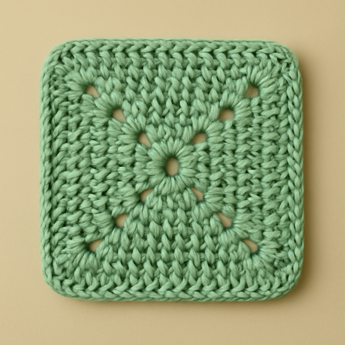 A light green granny square crochet pattern showing a cluster stitch and center open circle with a soft drape.