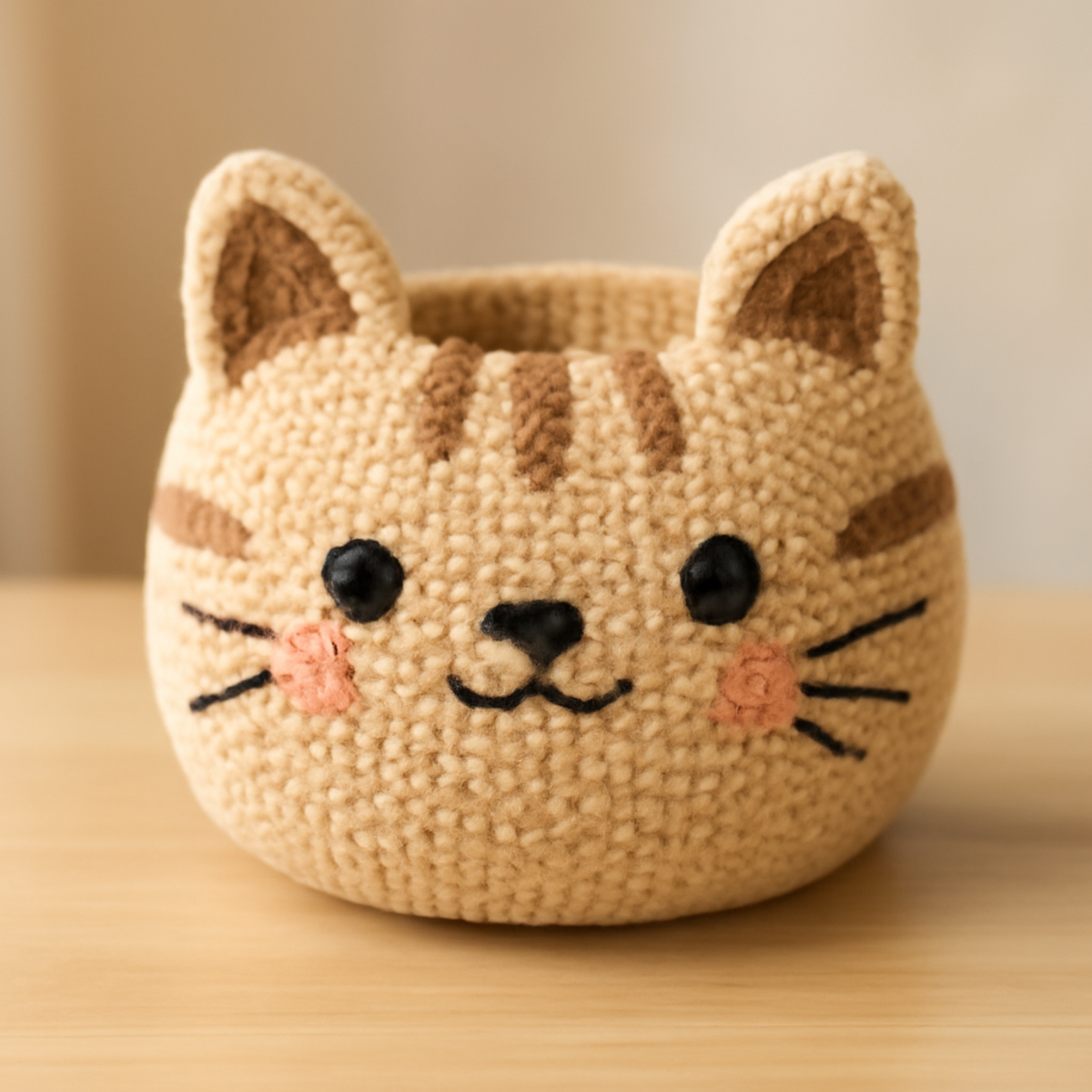 A crocheted kitty basket in beige and light brown with pink and black details, featuring prominent cat ears and playful facial features.