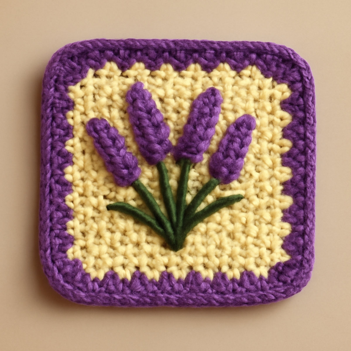 Lavender crochet square pattern showing clusters of lavender flowers with a scalloped border, in vibrant purple, yellow, and green colors.