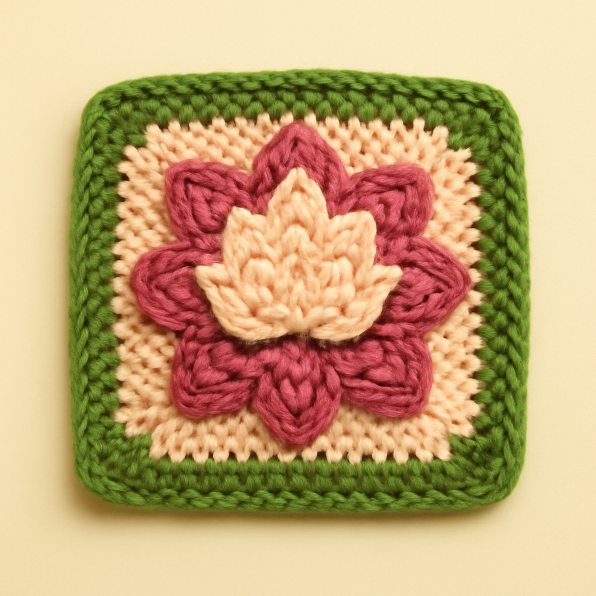 A beautifully crocheted square featuring a layered lotus flower motif in fuchsia, soft pink, and peach with a green border, showcasing double and single crochet stitches.