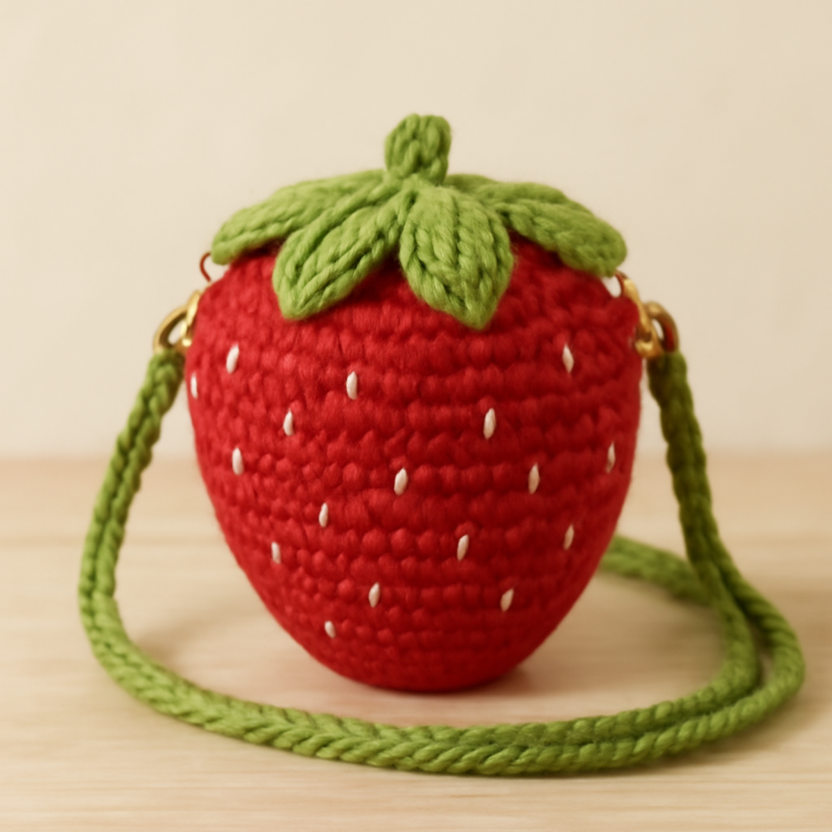 A vibrant crochet Strawberry Mini Crossbody Bag with red body, green leaves on top, and white embroidered seeds.