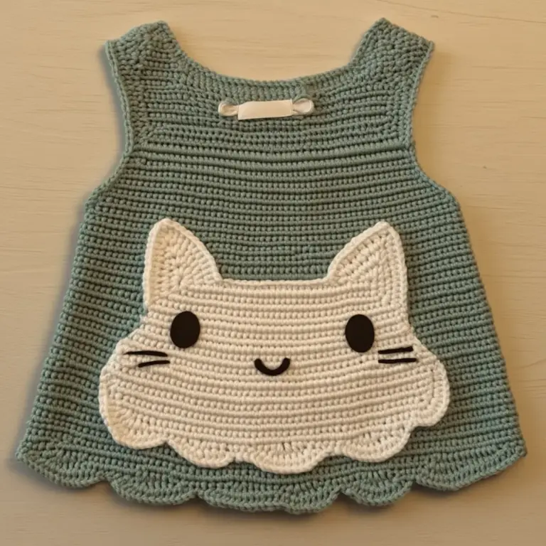 Whimsical Crochet Baby Frock with Playful Cat Design