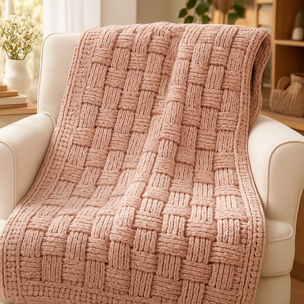 Cozy Blush Basketweave Crochet Throw Pattern for Beginners