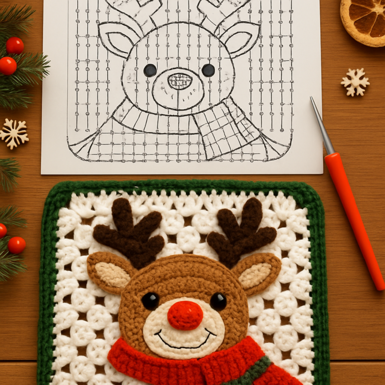 Cozy Christmas Reindeer Granny Square Crochet Pattern