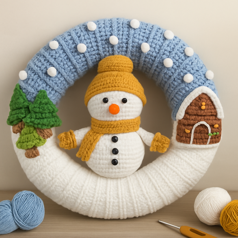 Cozy Crochet Winter Snowman Wreath for a Festive Touch