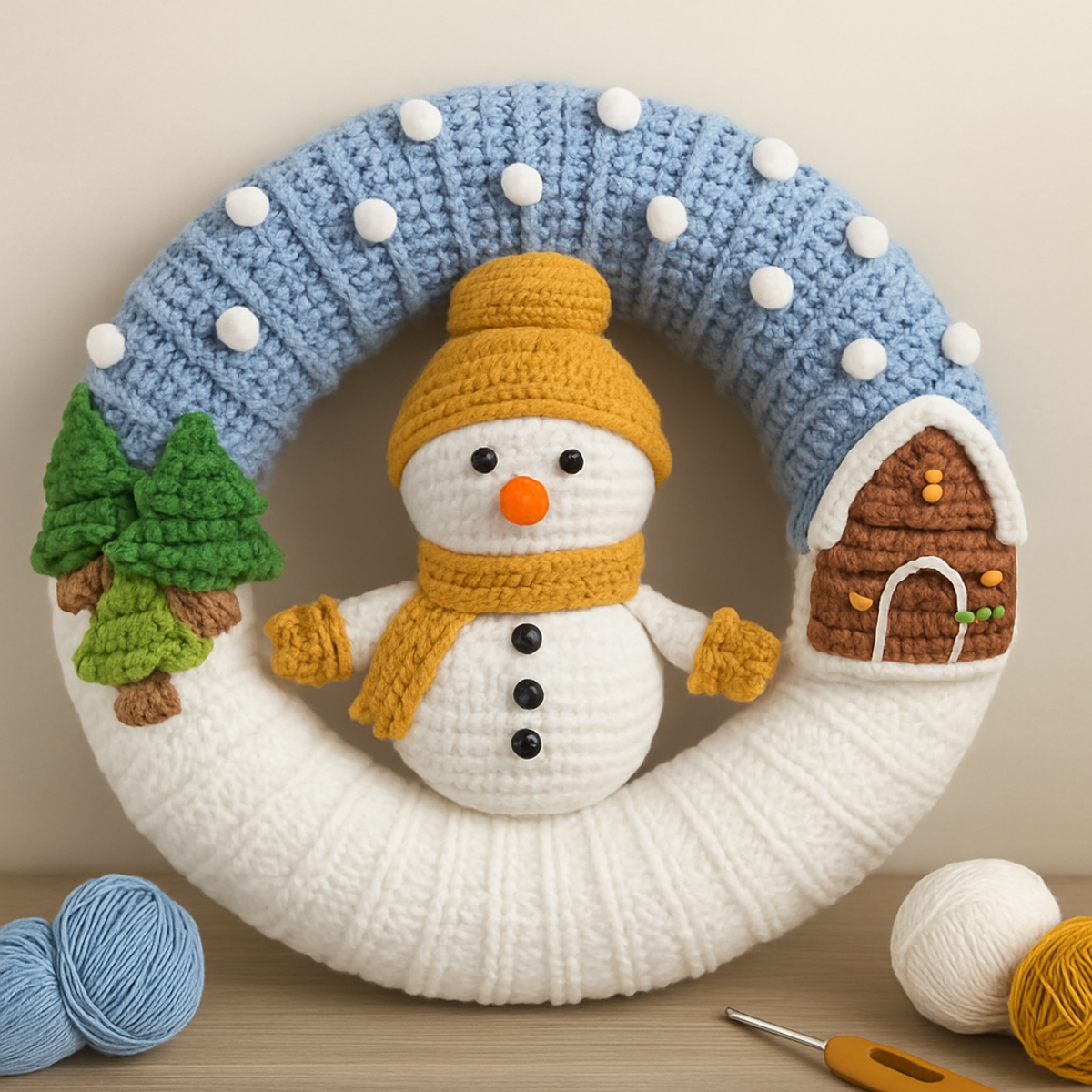 Cozy Crochet Winter Snowman Wreath for a Festive Touch