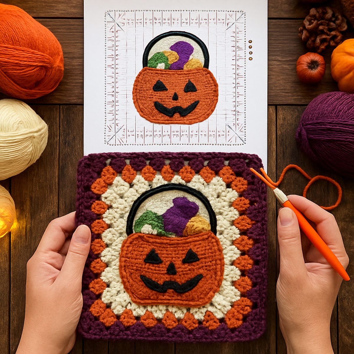 Cozy Halloween Pumpkin Candy Basket Granny Square Delight