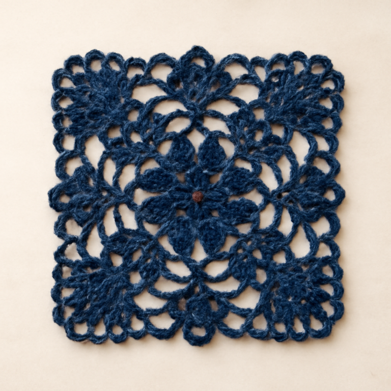 Elegant Navy Floral Crochet Square: A Timeless Motif