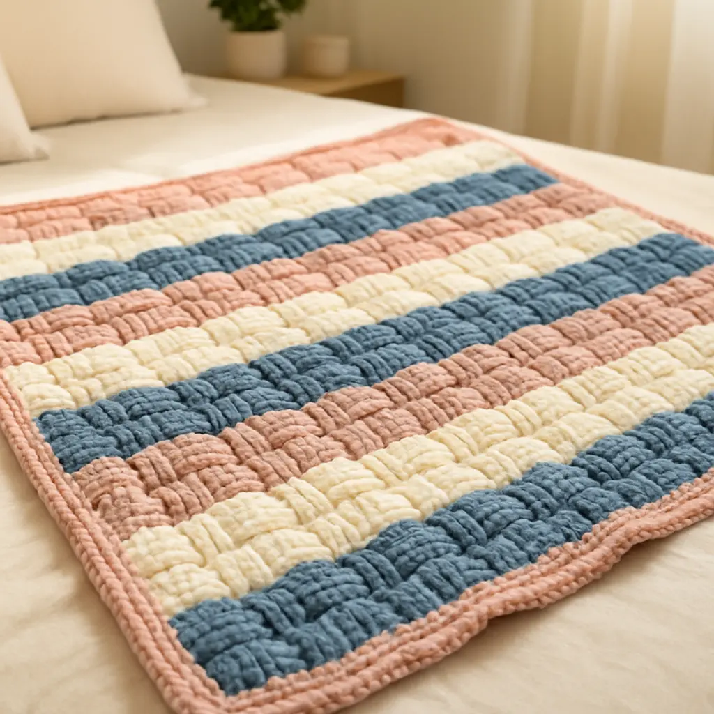 Pink, Cream & Blue Basketweave Crochet Blanket Pattern