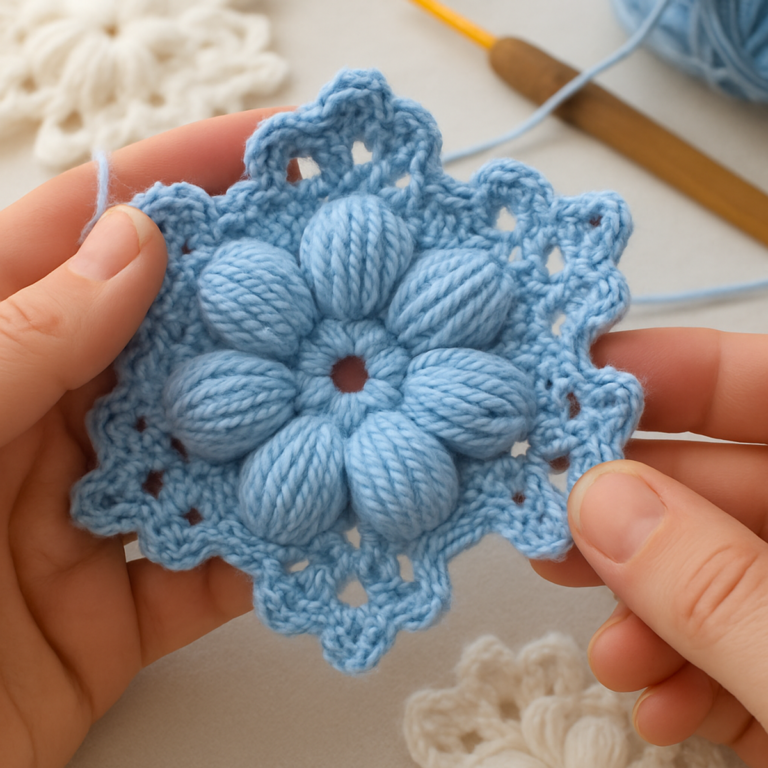 Cozy Puff Petal Crochet Snowflake for Winter Decor ❄️