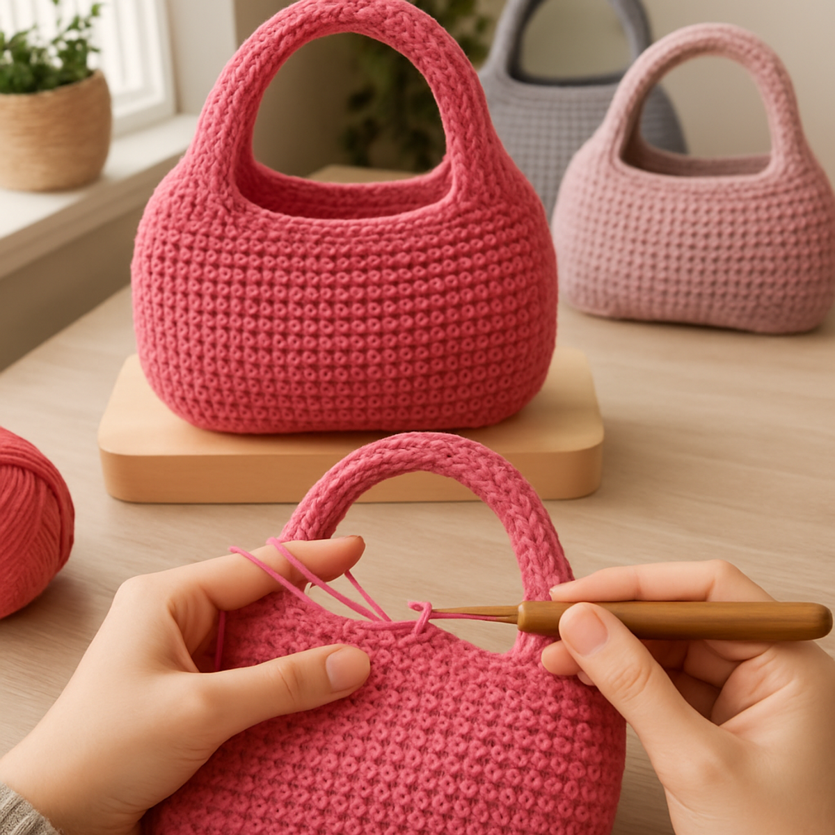 Raspberry Integrated-Handle Crochet Bag: Cozy & Chic Design