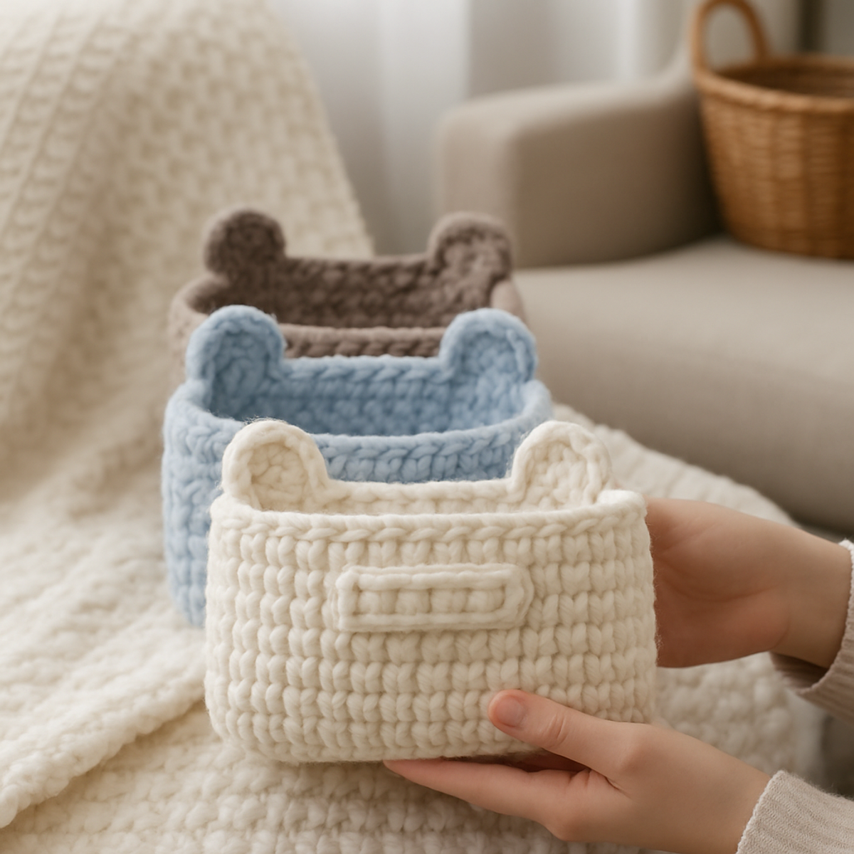 Cozy Chunky Crochet Basket with Built-In Bear Ears