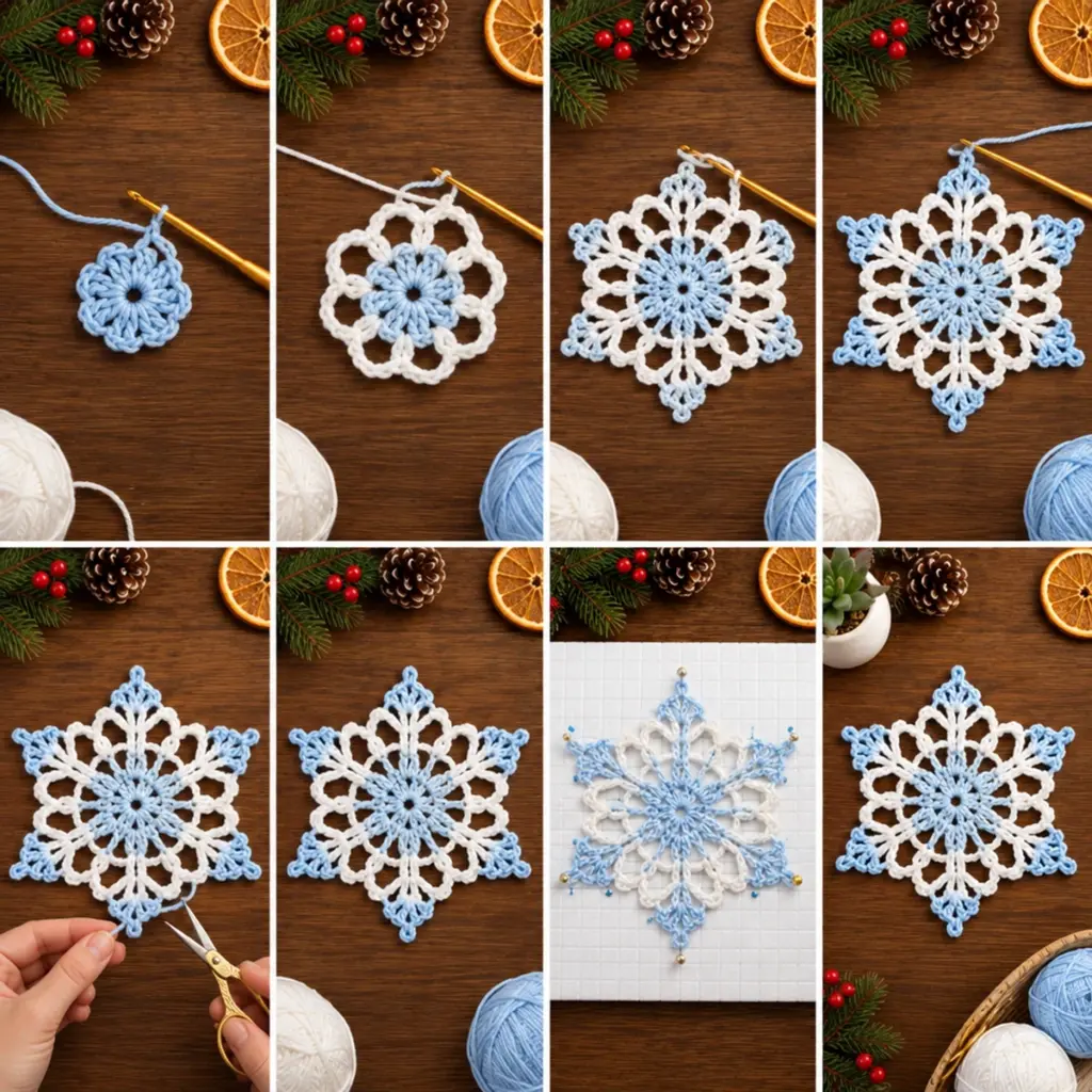 Cozy Blue and White Christmas Crochet Snowflake Ornament article image 3