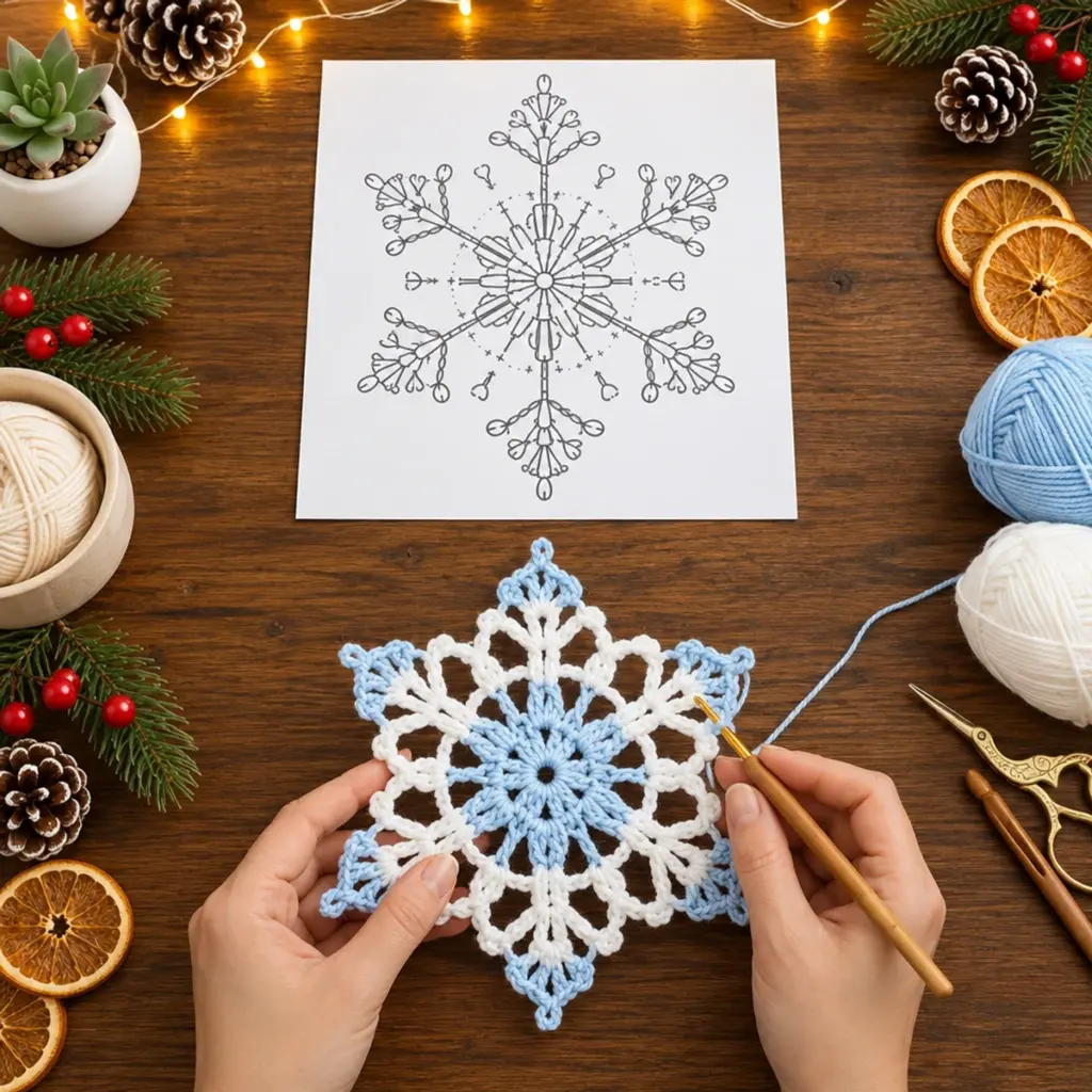 Cozy Blue and White Christmas Crochet Snowflake Ornament article image 4