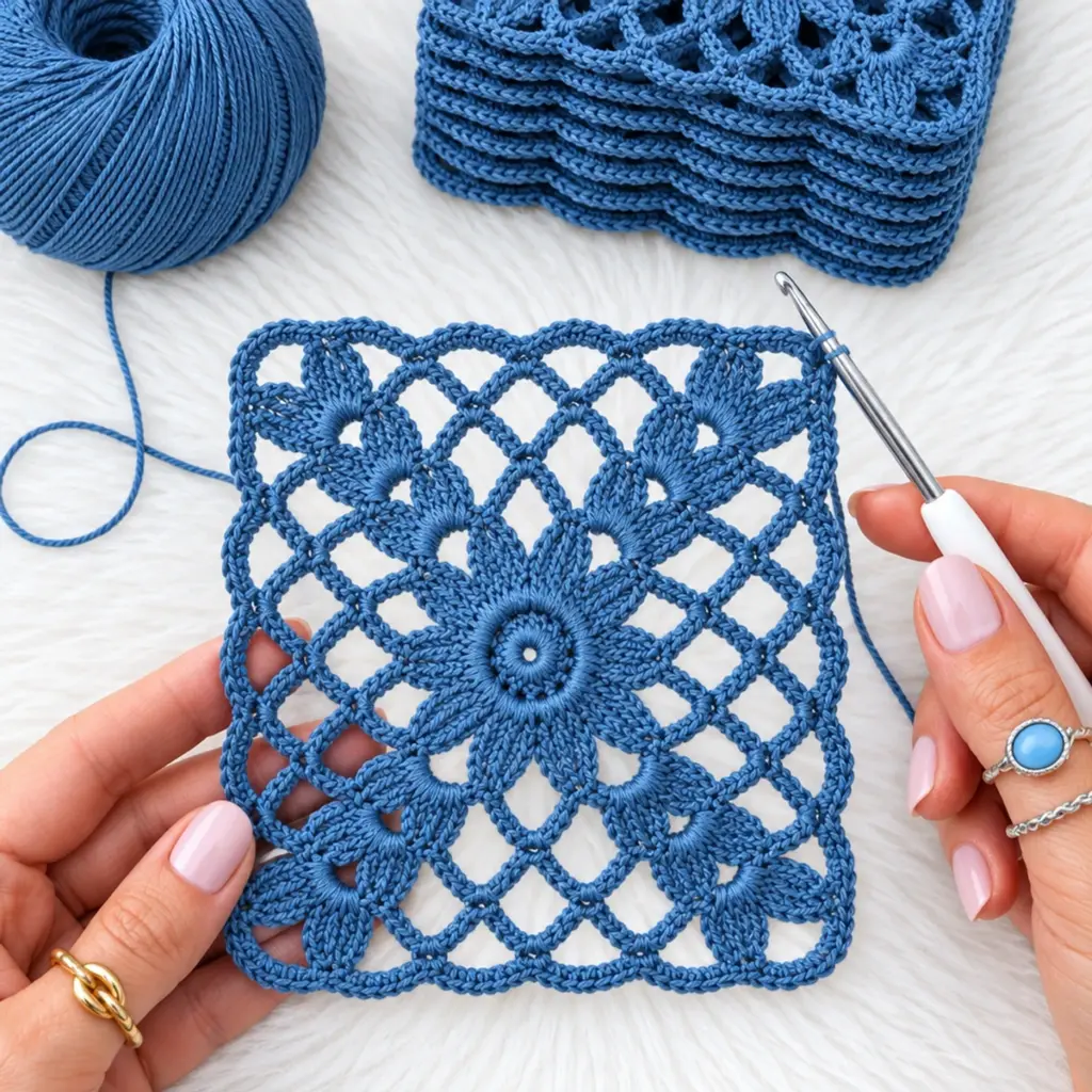 Delicate Blue Floral Lace Crochet Granny Square
