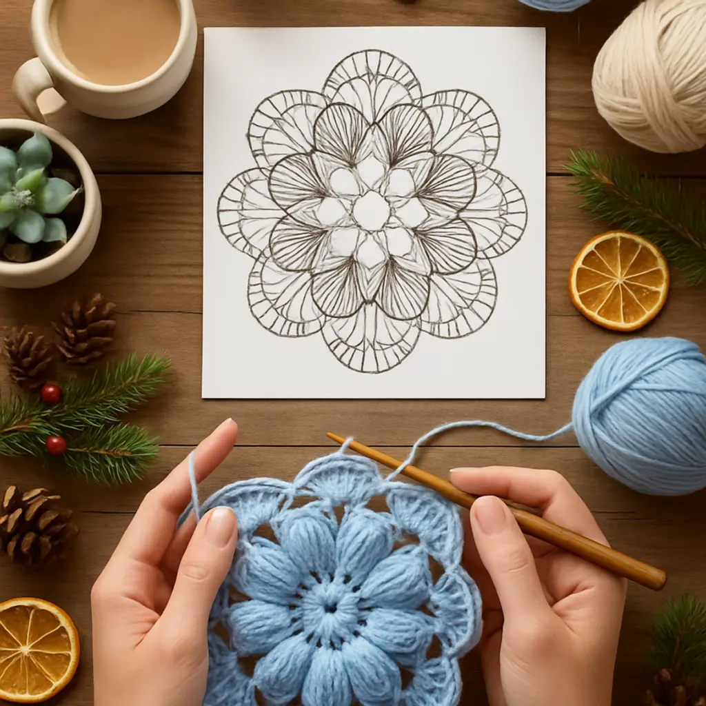 Blue Puff Flower Snowflake Crochet Motif Tutorial