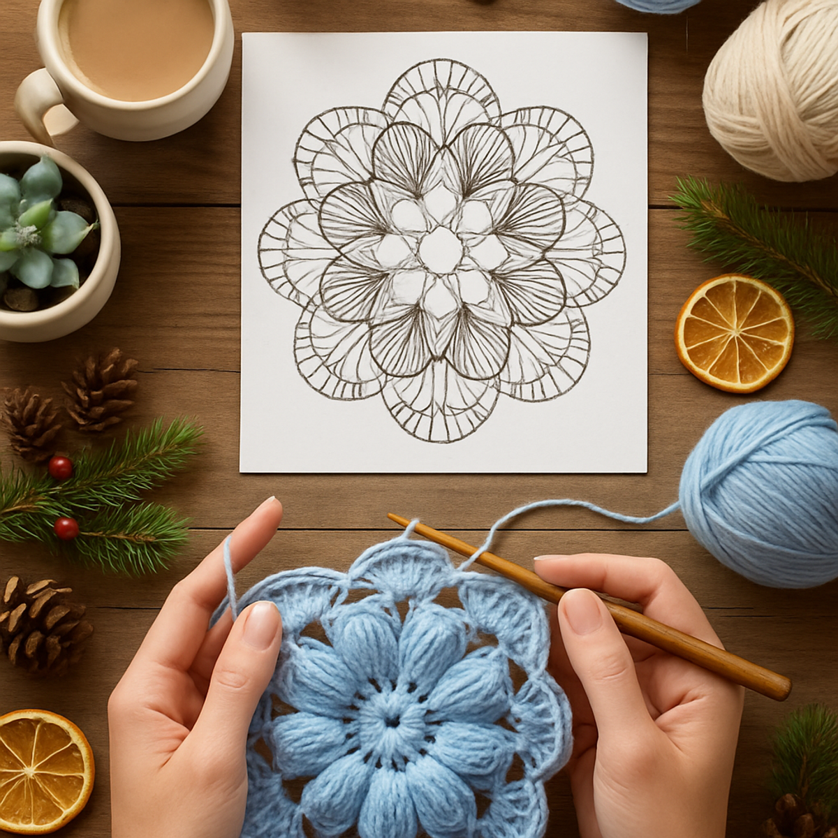 Charming Blue Puff Flower Snowflake Crochet Motif Tutorial