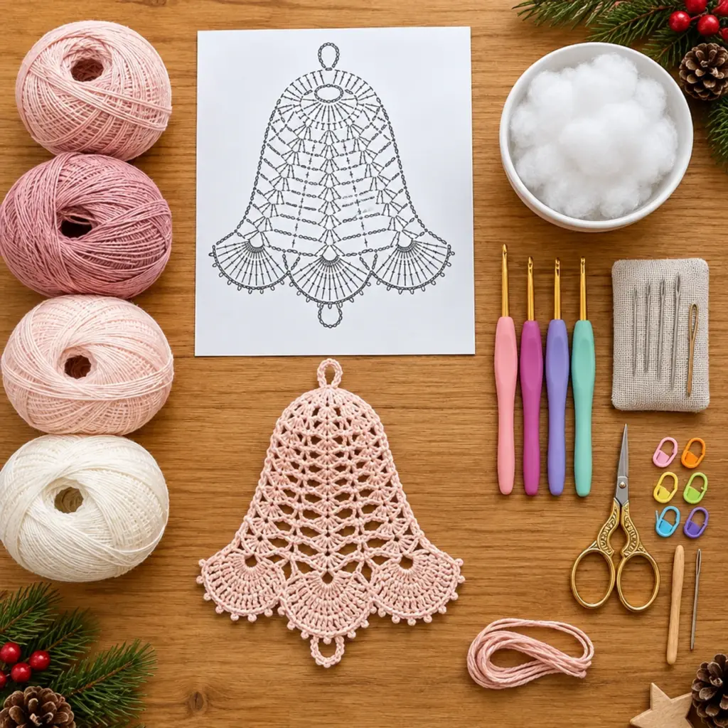 Blush Pink Openwork Lace Crochet Christmas Bell Ornament Delight article image 2