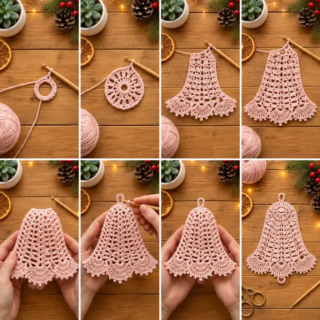 Blush Pink Openwork Lace Crochet Christmas Bell Ornament Delight article image 3