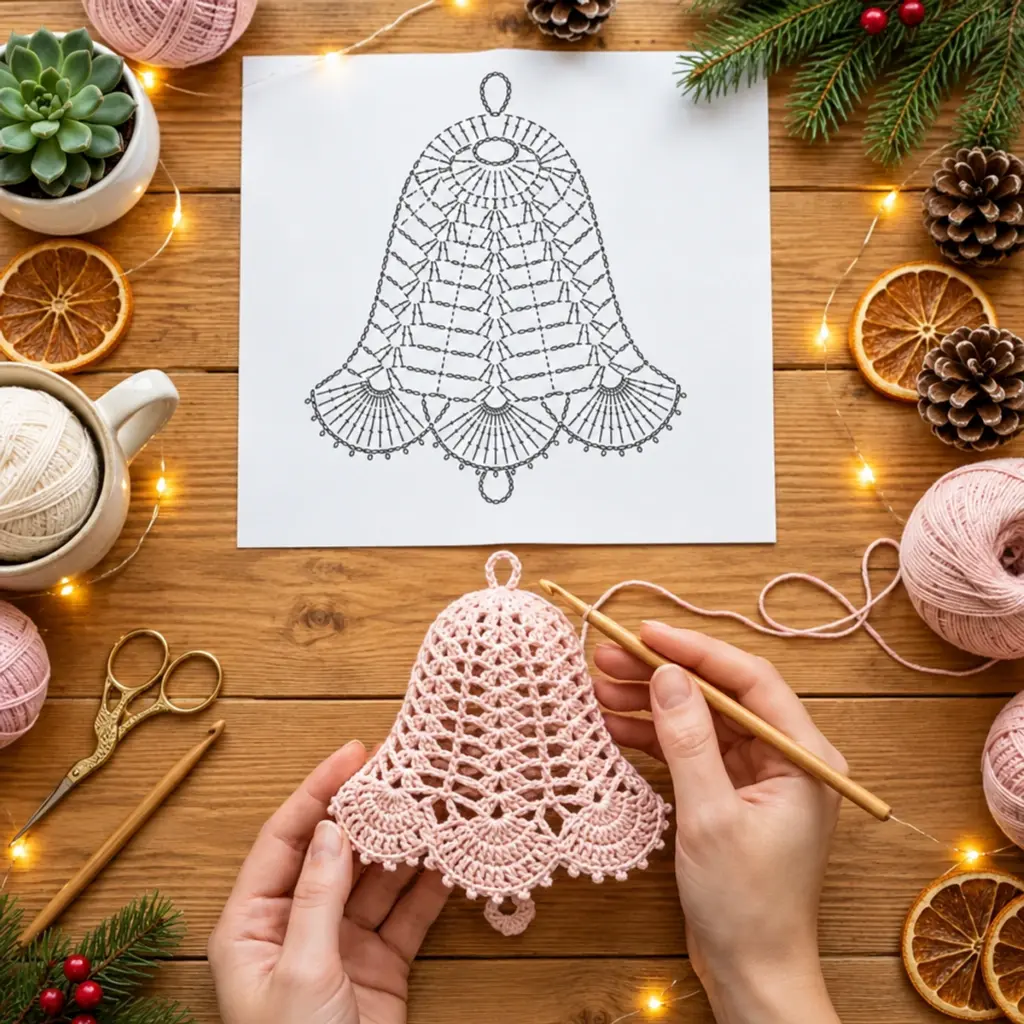 Blush Pink Openwork Lace Crochet Christmas Bell Ornament Delight article image 4