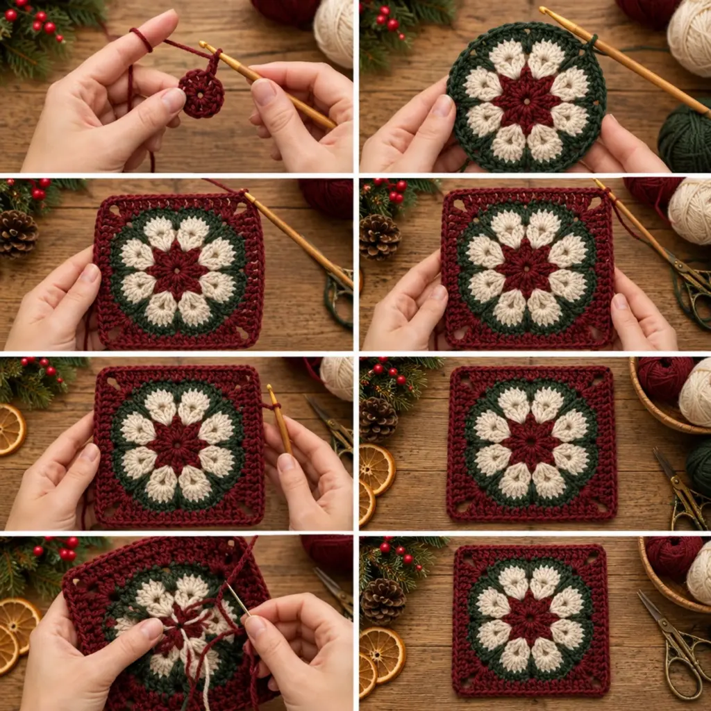 Burgundy Ivory Eight Petal Flower Granny Square: No-Sew Delight article image 3