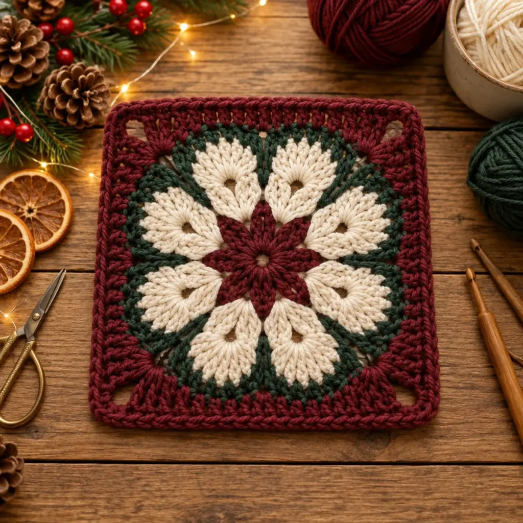 Burgundy Ivory Eight Petal Flower Granny Square: No-Sew Delight article image 4
