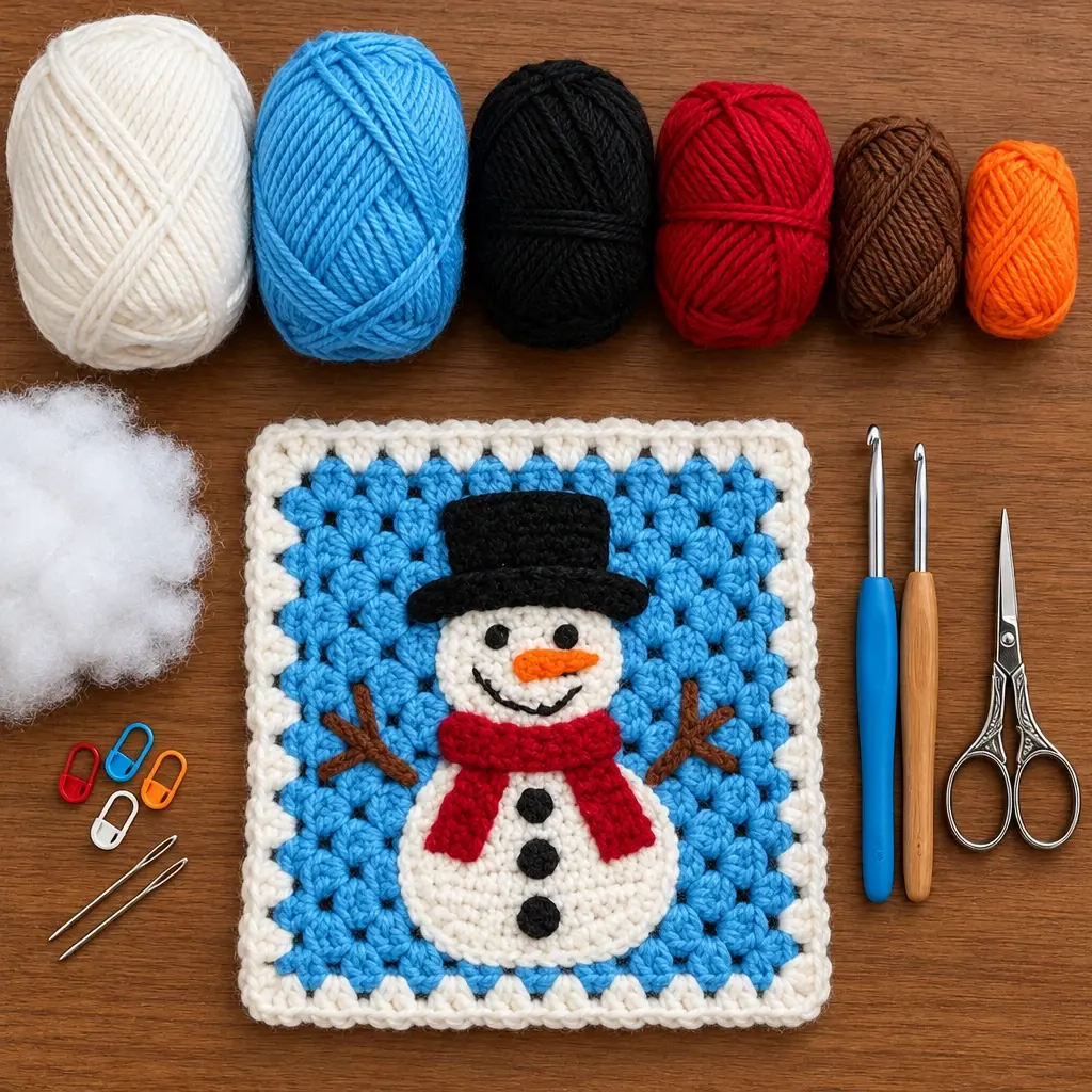 Snowman Motif Framed by Christmas Granny Stitches — Christmas Snowman Granny Square Materials & Tools reference