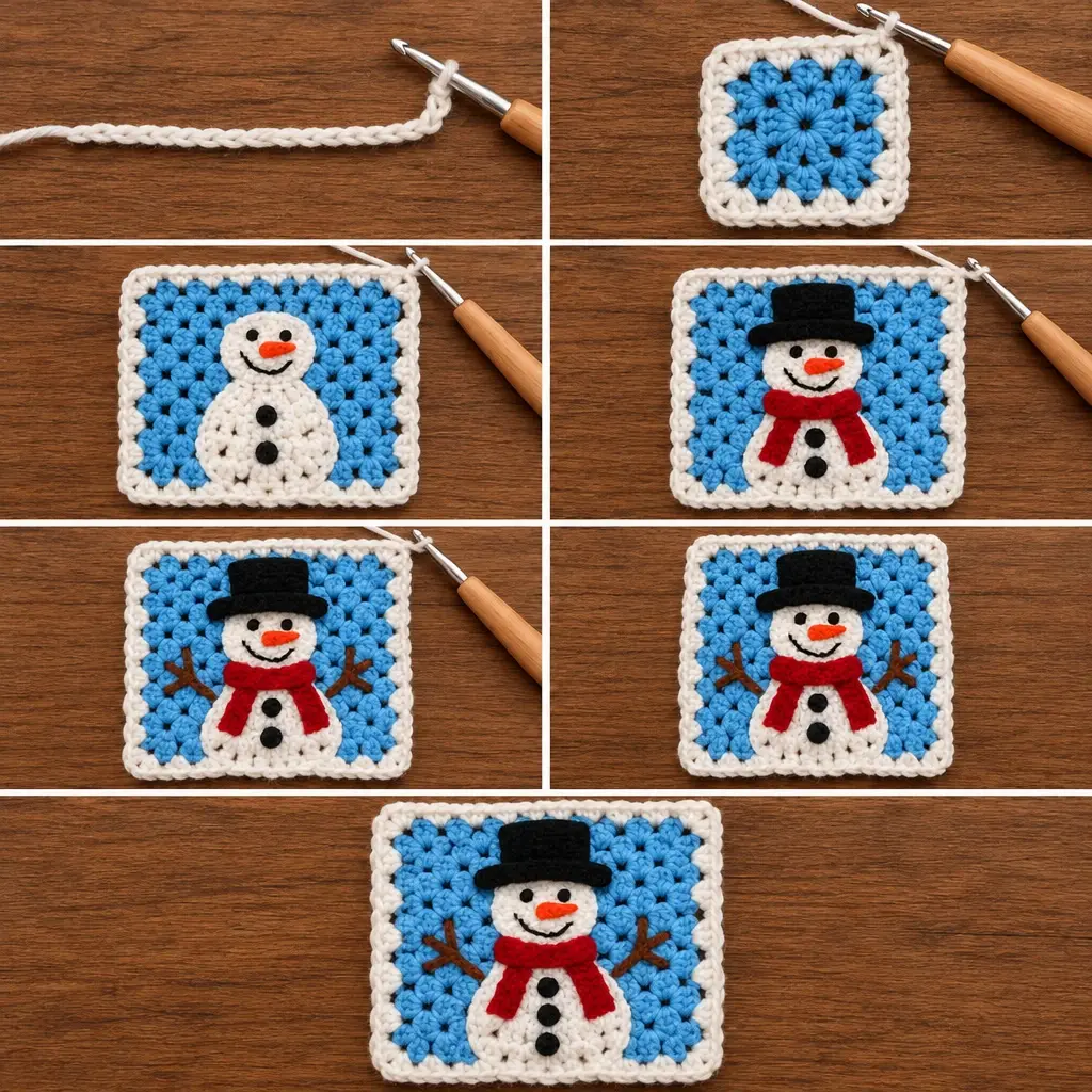 Snowman Motif Framed by Christmas Granny Stitches — Gauge & Sizing Notes reference