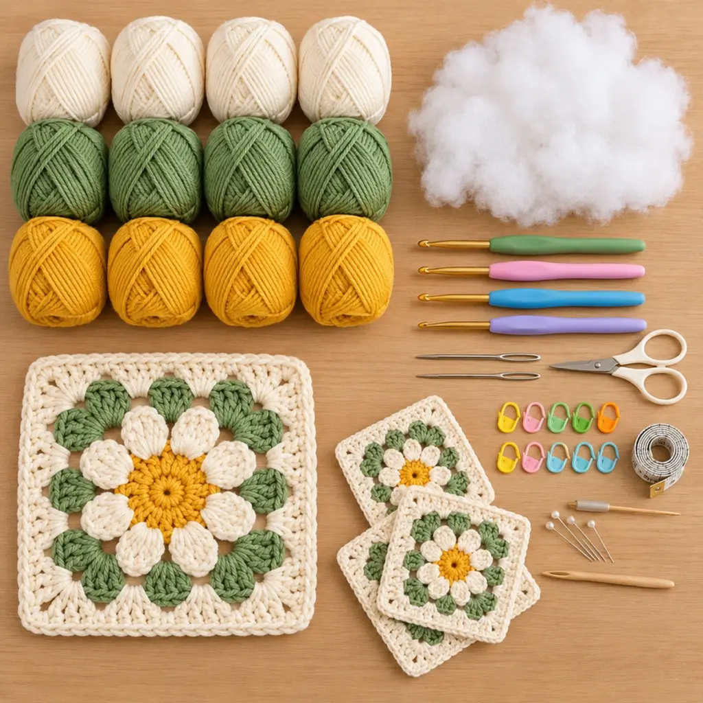 Cozy CREAM & SAGE GOLDEN DAISY GRANNY SQUARE Set article image 2