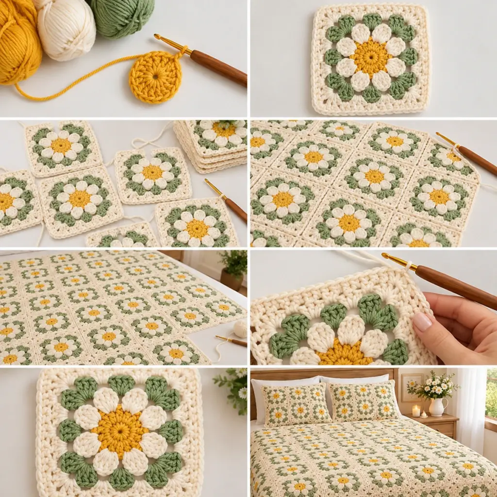 Cozy CREAM & SAGE GOLDEN DAISY GRANNY SQUARE Set article image 3