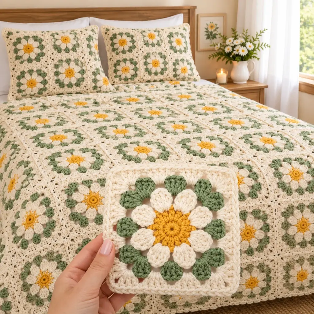 Cozy CREAM & SAGE GOLDEN DAISY GRANNY SQUARE Set article image 4