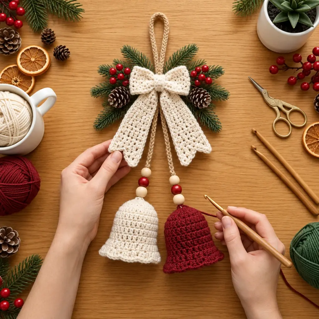 Cozy Crochet Christmas Double Bell Wall Hanging with Bow article image 4