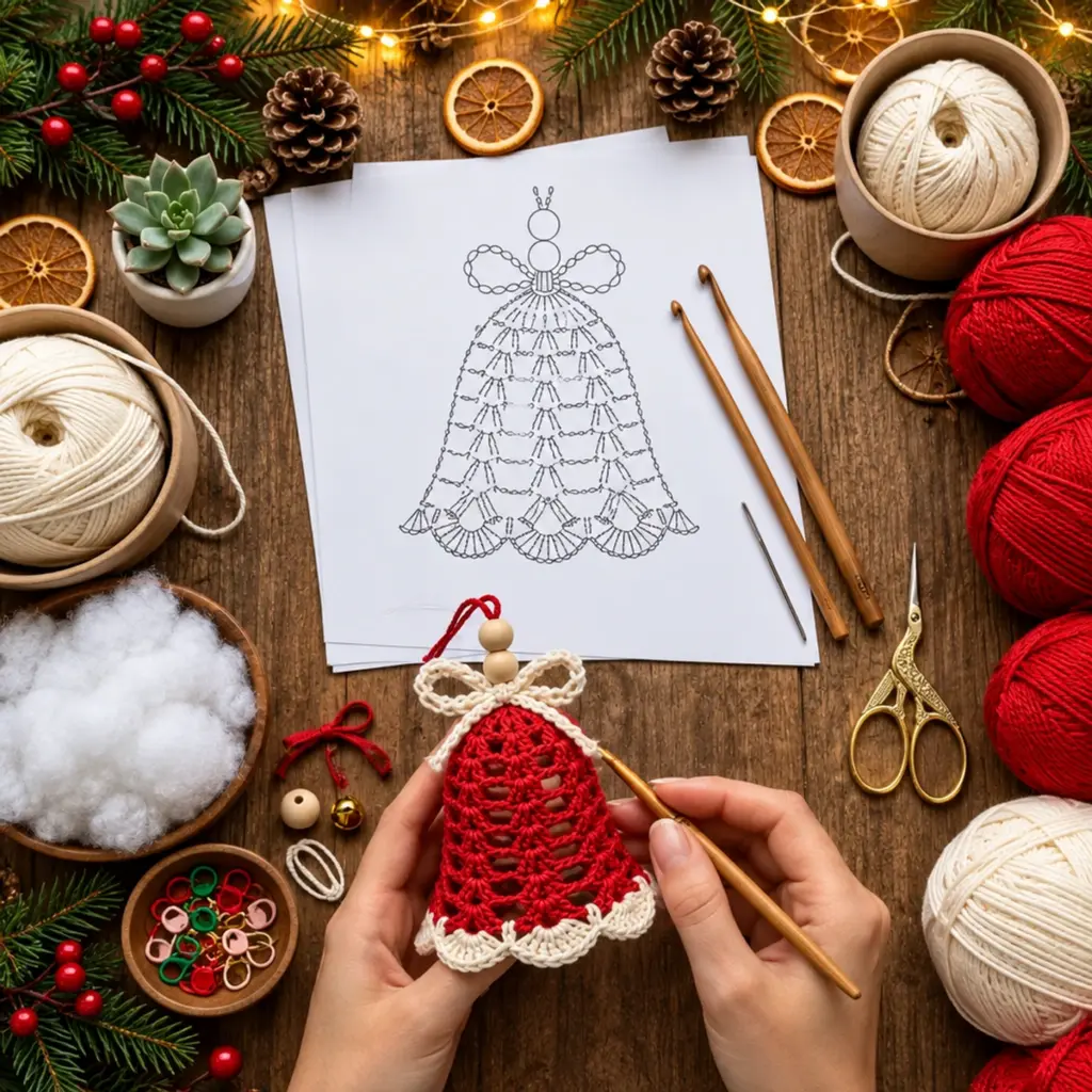Crochet Christmas Red Openwork Bell Ornament with Ivory Trim article image 2