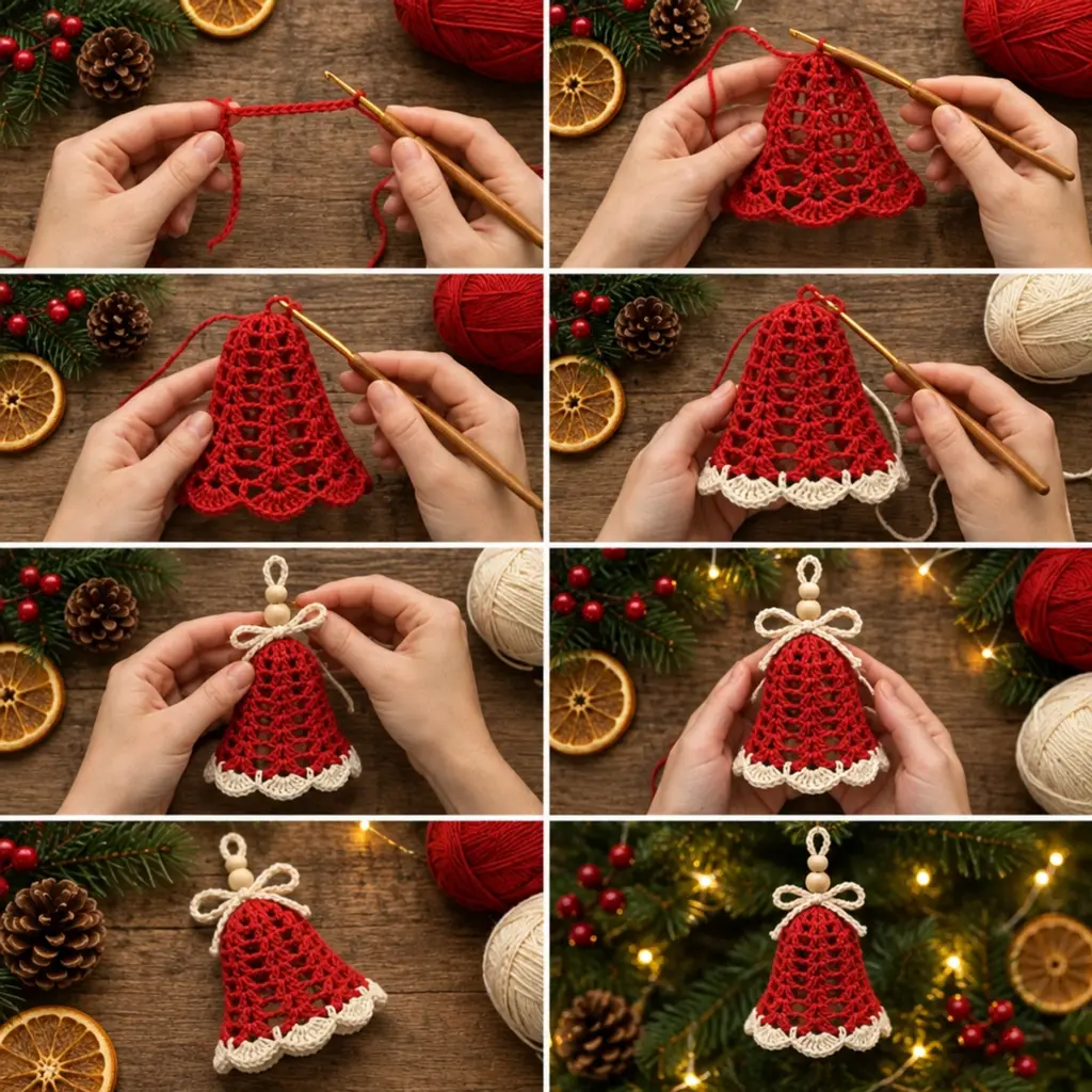Crochet Christmas Red Openwork Bell Ornament with Ivory Trim article image 3
