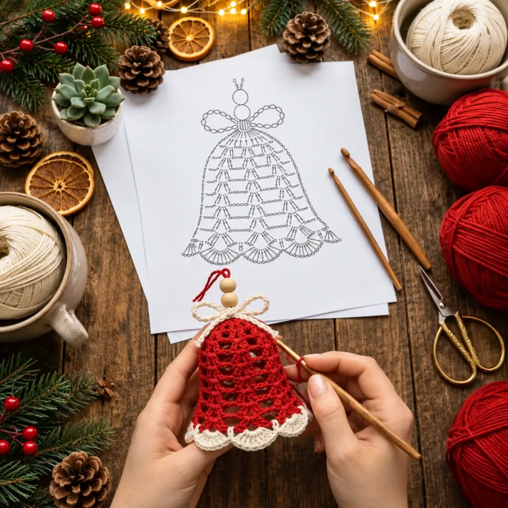 Crochet Christmas Red Openwork Bell Ornament with Ivory Trim article image 4
