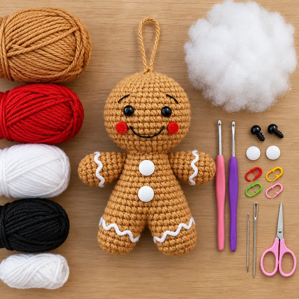 Yarn, crochet hooks, stuffing, and embellishments beside a gingerbread ornament