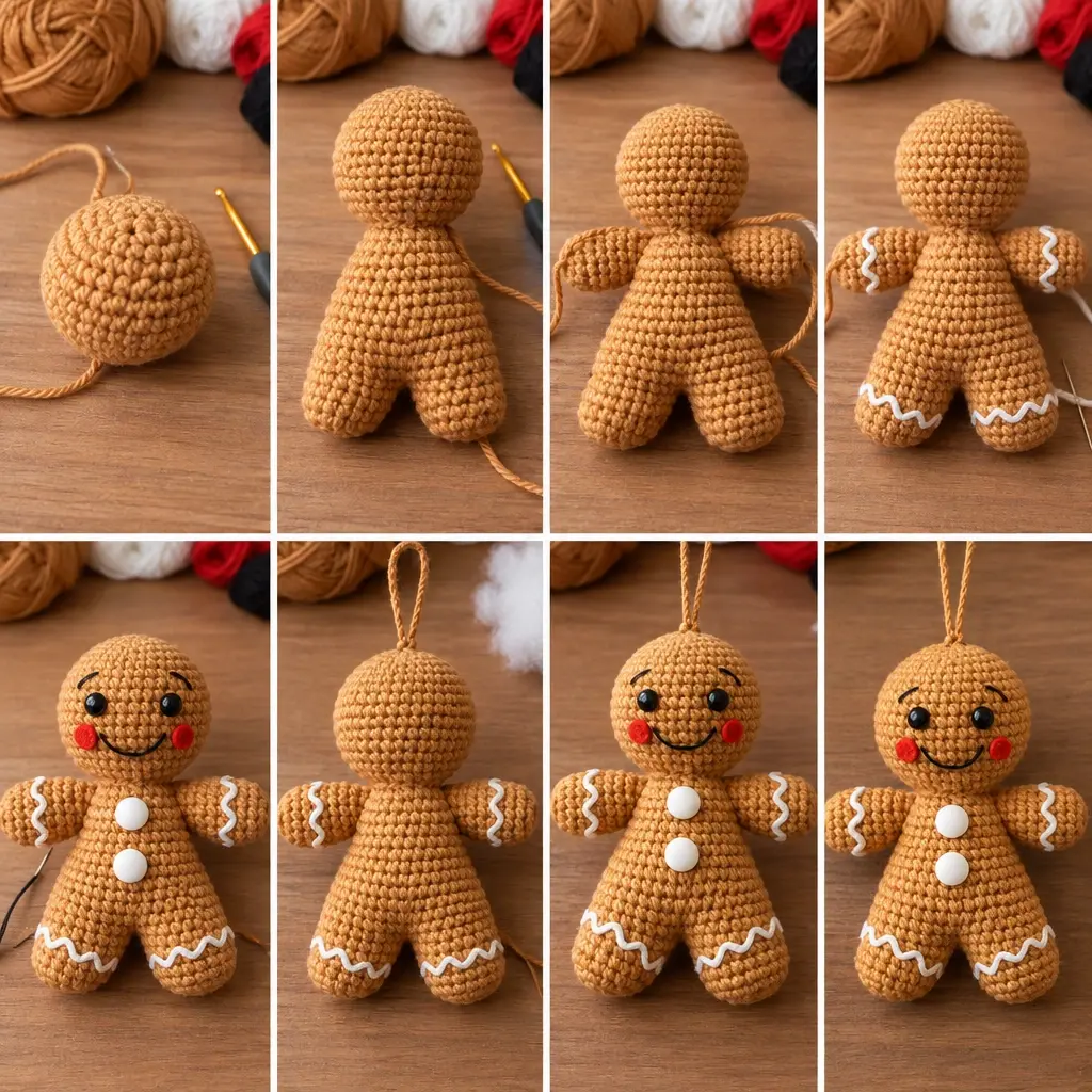 Multi-panel overview of gingerbread figure construction and decoration