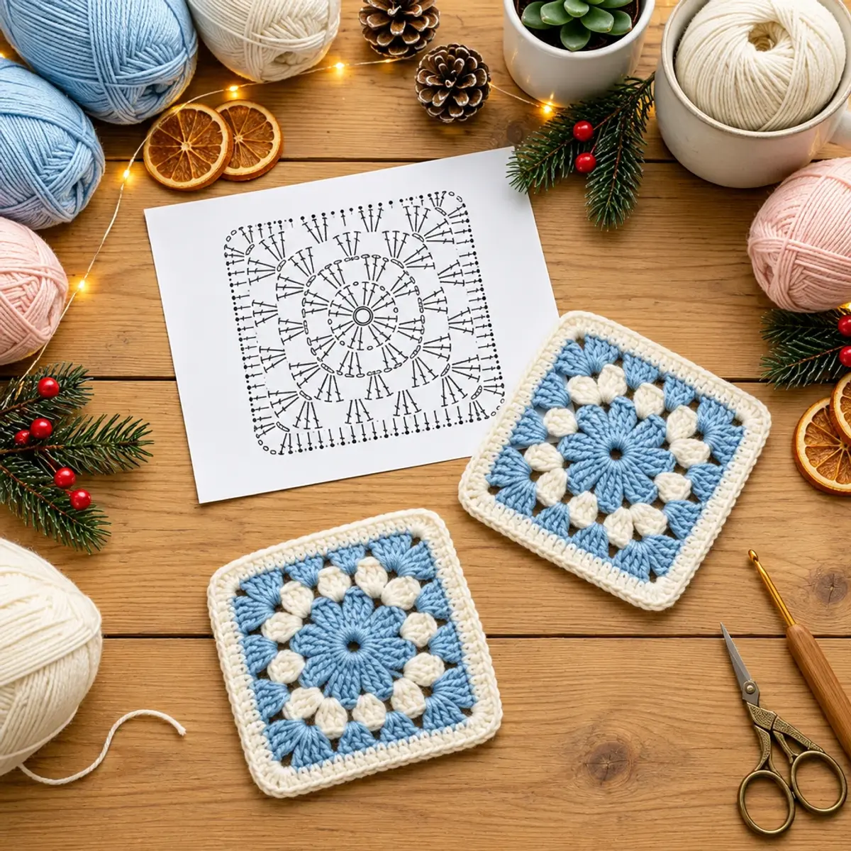 Crochet Vintage Sky Blue & Cream Floral Granny Square Bliss