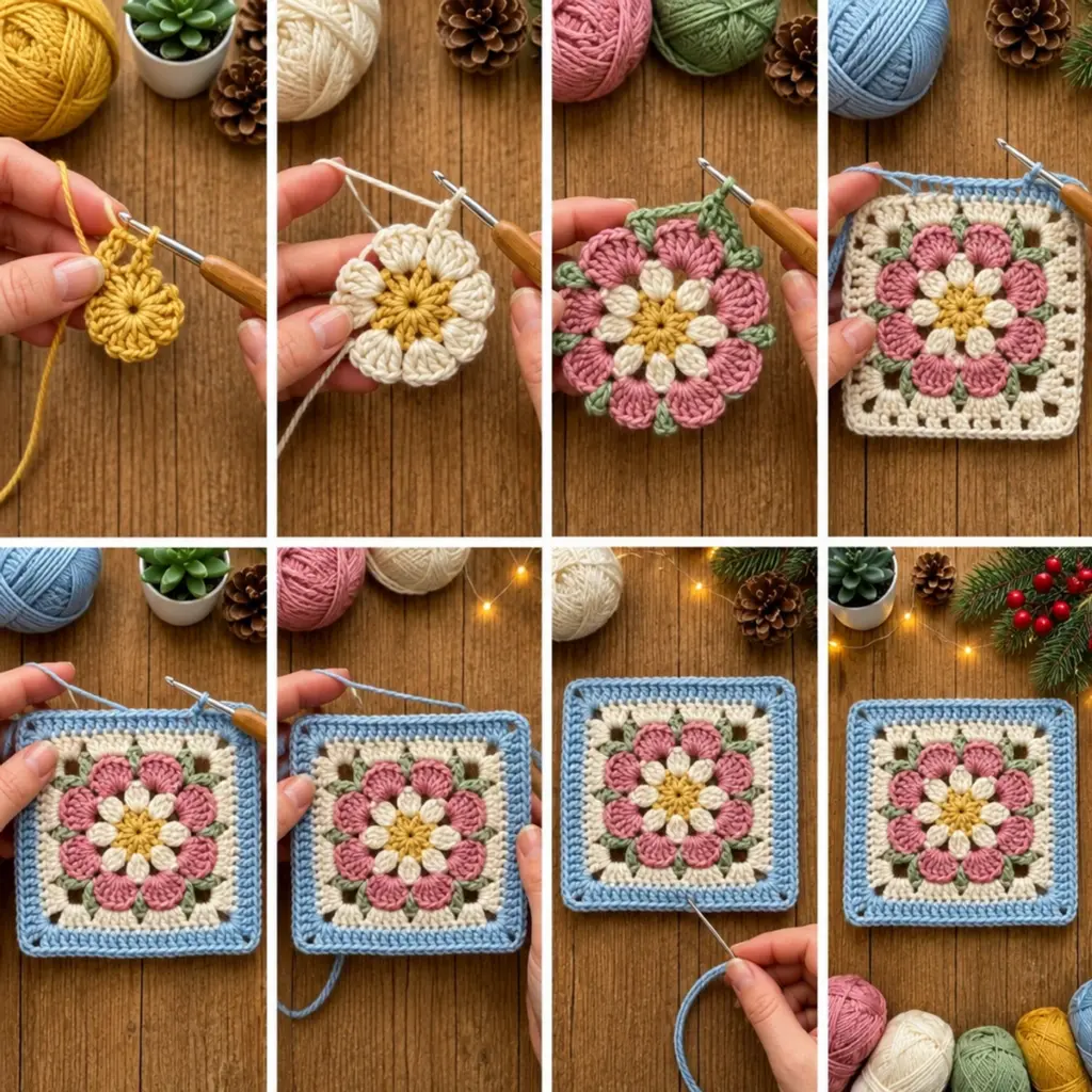 Cozy Dusty Rose Daisy Flower Granny Square Crochet Pattern article image 3