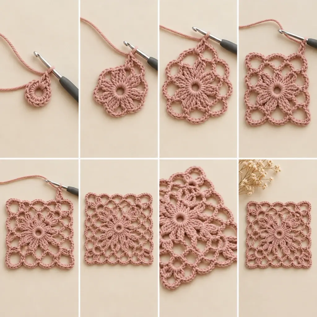Dusty Rose Openwork Floral Lace Granny Square Delight article image 3